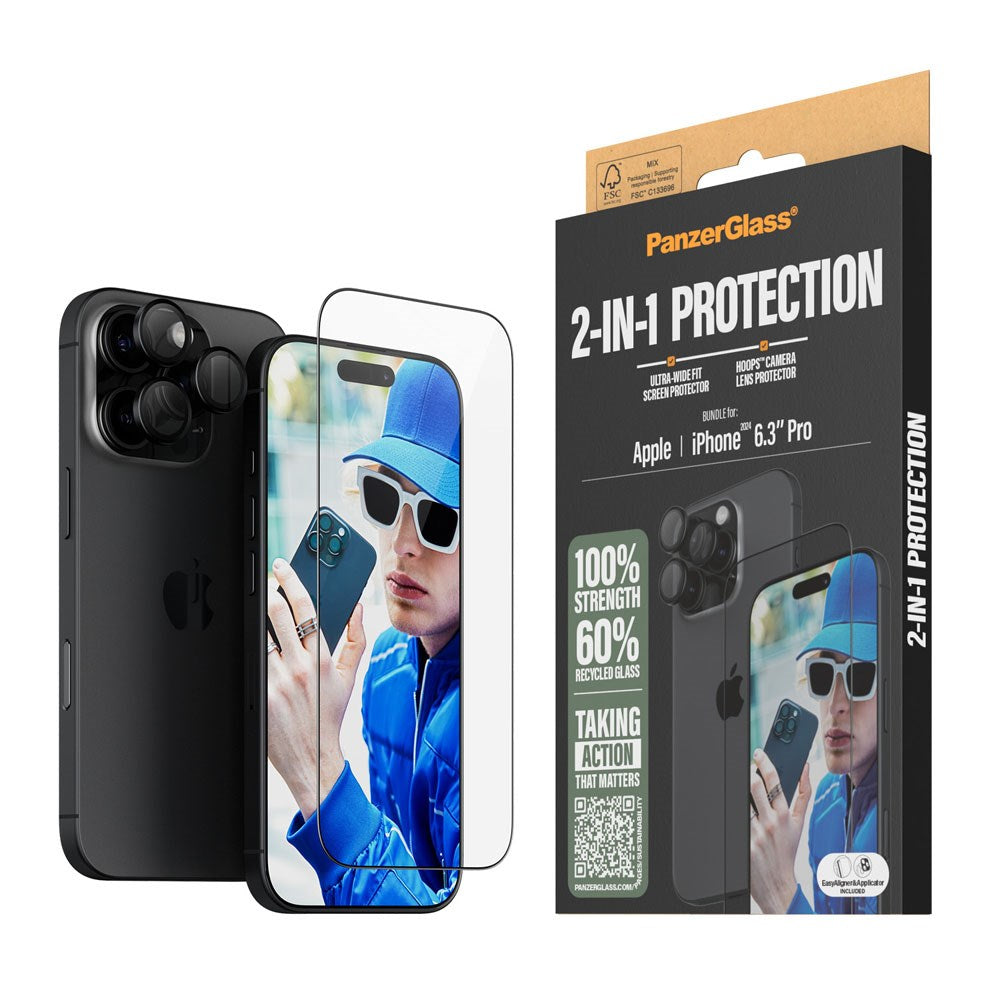 iPhone 16 Pro PanzerGlass 2-i-1-pakke m. EasyAligner - Skjermbeskytter / Kamerabeskytter - Gjennomsiktig / Svart