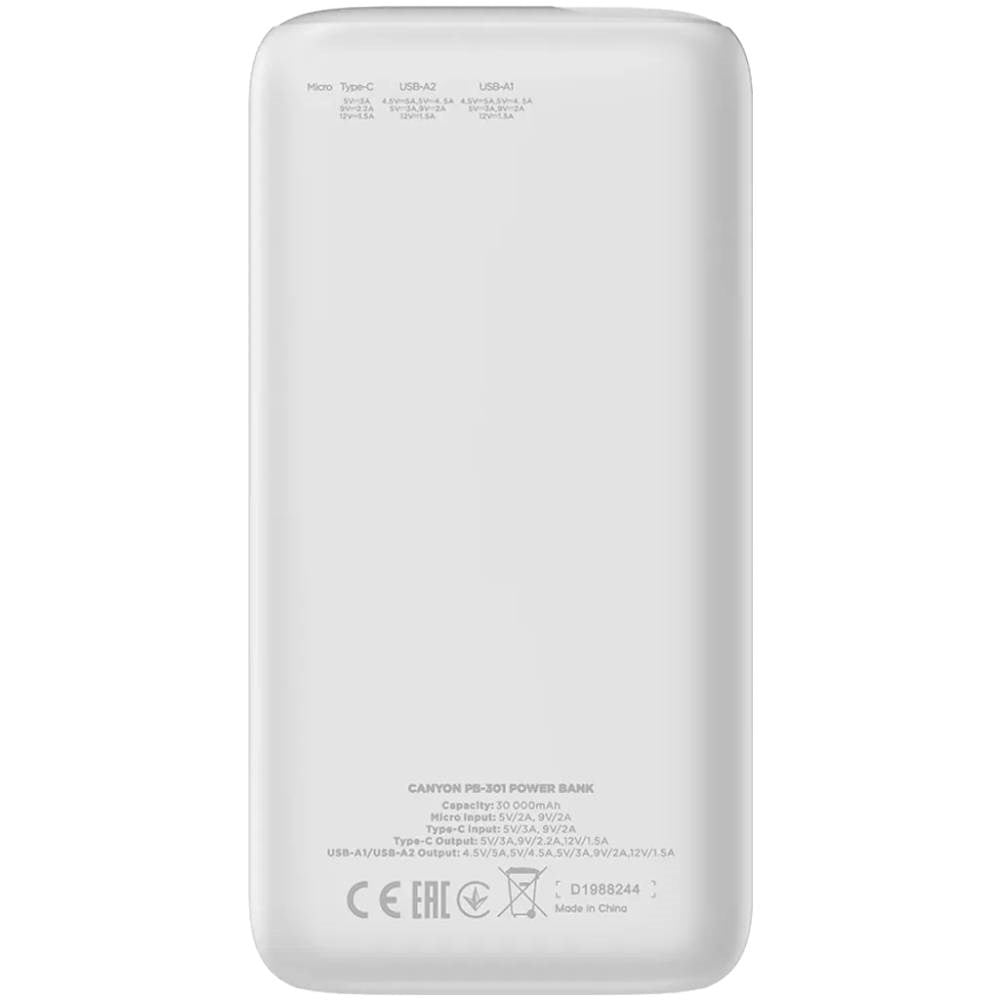 Canyon 20W PowerBank - 30.000 mAh - Hvid