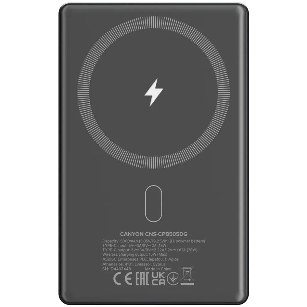 Canyon OnPower 505 PowerBank - 20W / 5000 mAh - MagSafe Kompatibel - Grå