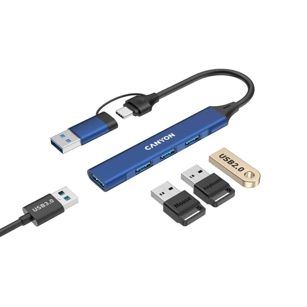 Canyon 4-i-1 USB-A/C Multihub - Blå