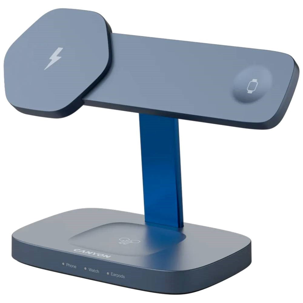 Canyon Hexagon 3-i-1 Trådløs Oplader - 15W - Qi / MagSafe Kompatibel - Grå / Blå