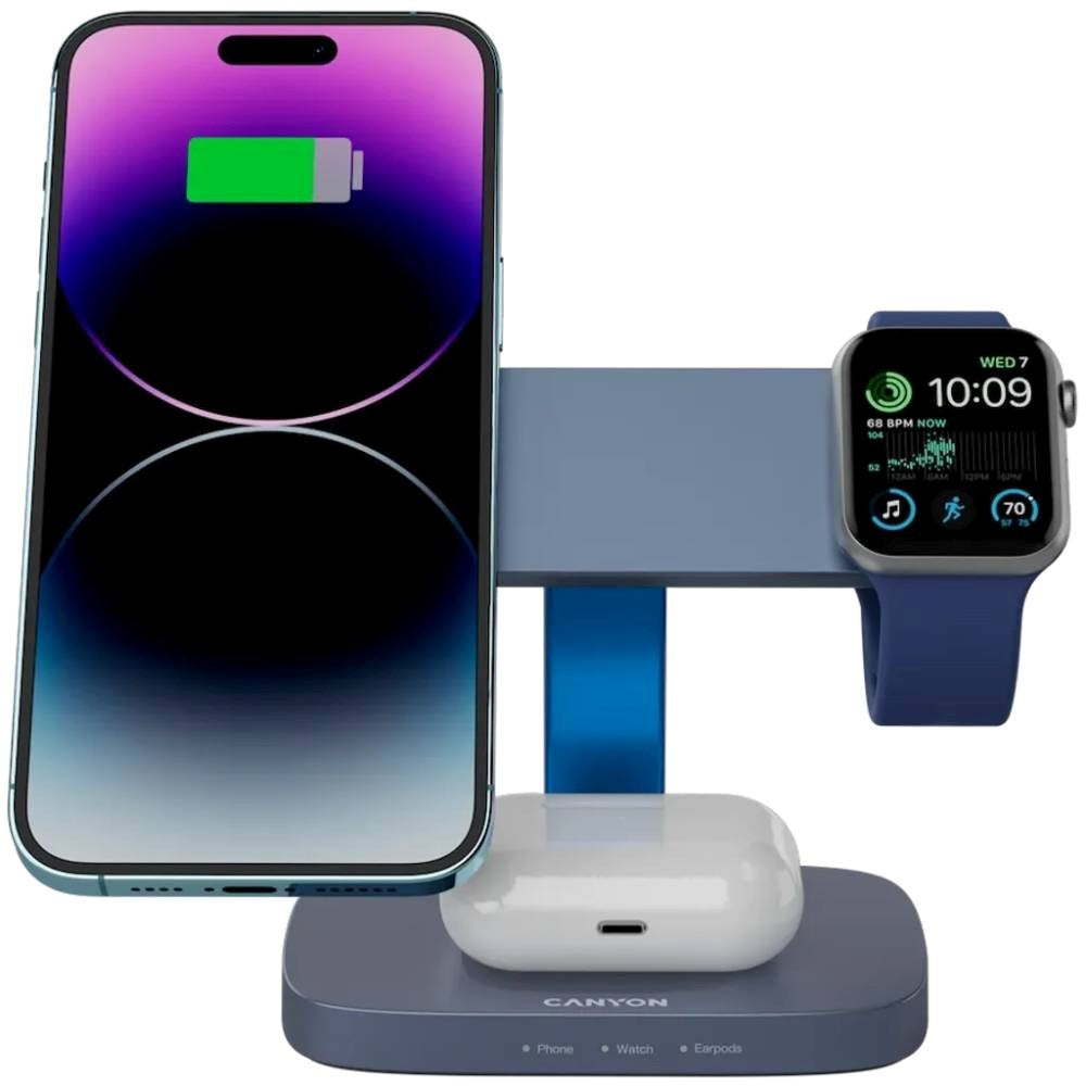 Canyon Hexagon 3-i-1 Trådløs Oplader - 15W - Qi / MagSafe Kompatibel - Grå / Blå