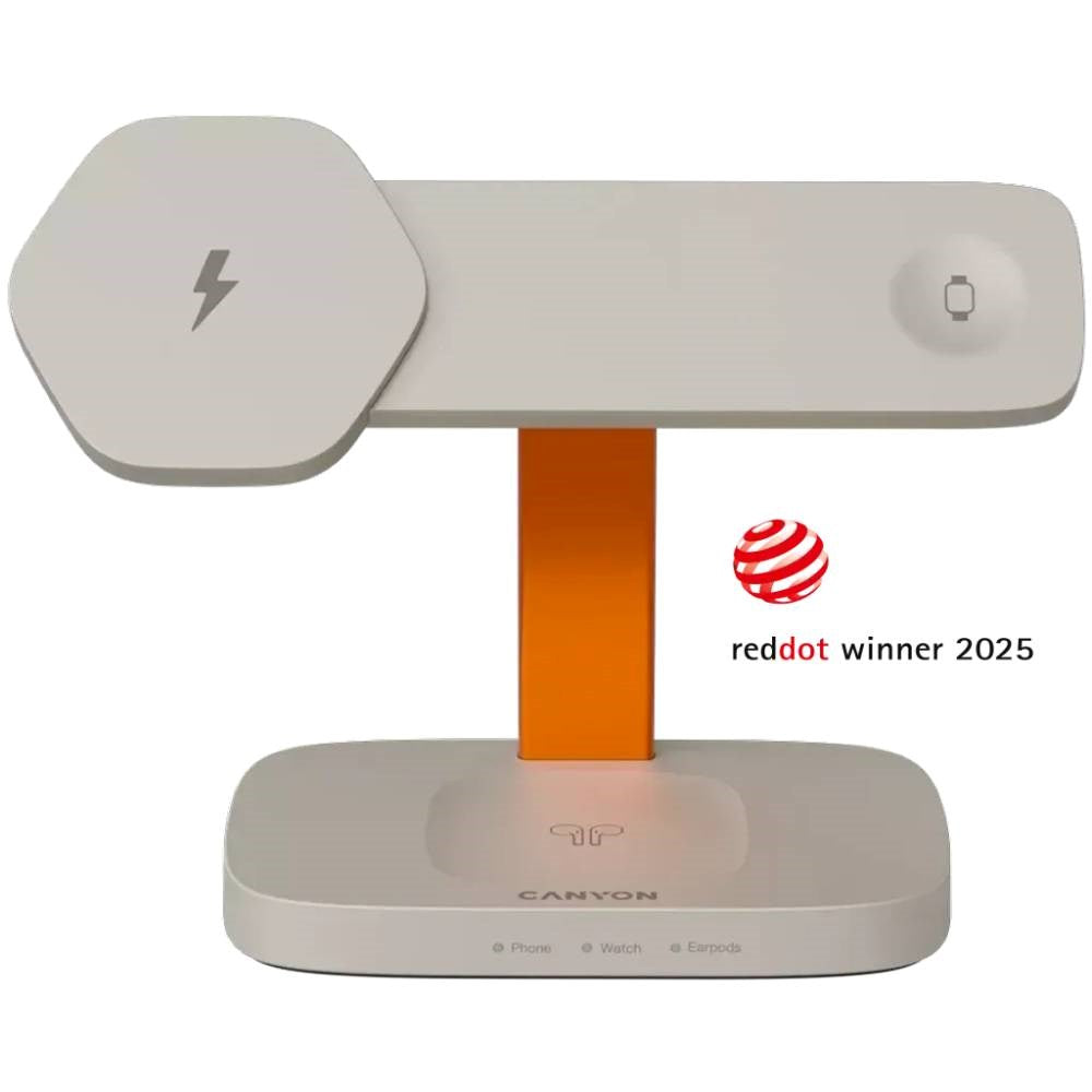 Canyon Hexagon 3-i-1 Trådløs Oplader - 15W - Qi / MagSafe Kompatibel - Beige / Orange