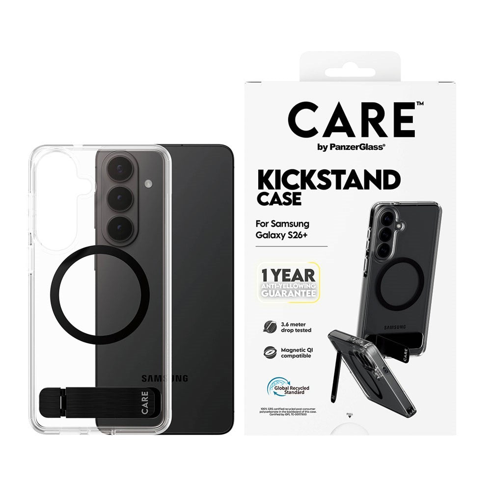Samsung Galaxy S26+ (Plus) CARE by PanzerGlass Feature Kickstand Cover -  Qi Kompatibel - Transparent / Black