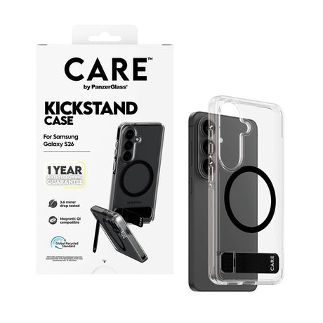 Samsung Galaxy S26 CARE by PanzerGlass Feature Kickstand Cover -  Qi Kompatibel - Transparent / Black