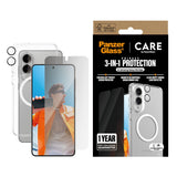 Samsung Galaxy S25 Edge - CARE by PanzerGlass 3-i-1 FLAGSHIP Bundle - Cover / Privacy Skærmbeskyttelse (UWF) / Kamerabeskyttelse - Gennemsigtig / Hvid