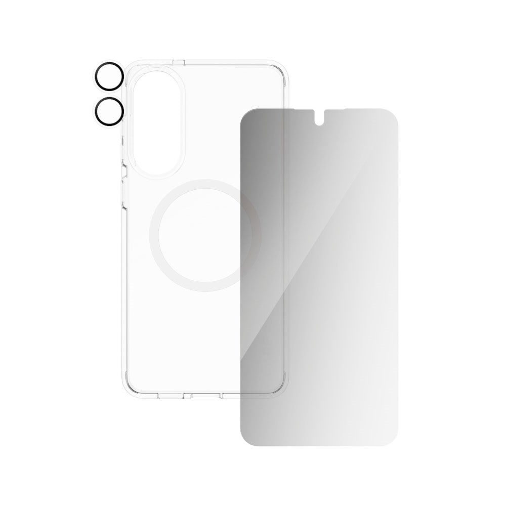 Samsung Galaxy S25 Edge - CARE by PanzerGlass 3-i-1 FLAGSHIP Bundle - Cover / Privacy Skærmbeskyttelse (UWF) / Kamerabeskyttelse - Gennemsigtig / Hvid