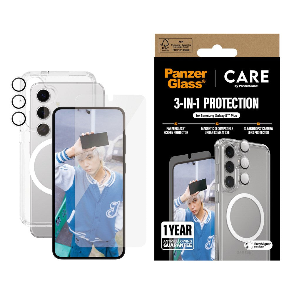 Samsung Galaxy S25+ (Plus) - CARE by PanzerGlass 3-i-1 FLAGSKIP Bundle - Deksel / Skjermbeskytter (UWF) / Kamerabeskyttelse - Gjennomsiktig