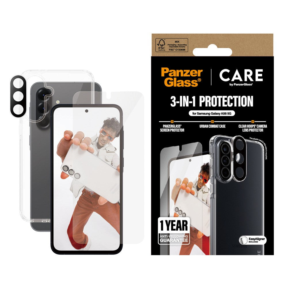 Samsung Galaxy A56 (5G) - CARE by PanzerGlass 3-i-1 FLAGSHIP Bundle - Cover / Skærmbeskyttelse (UWF) / Kamerabeskyttelse - Gennemsigtig