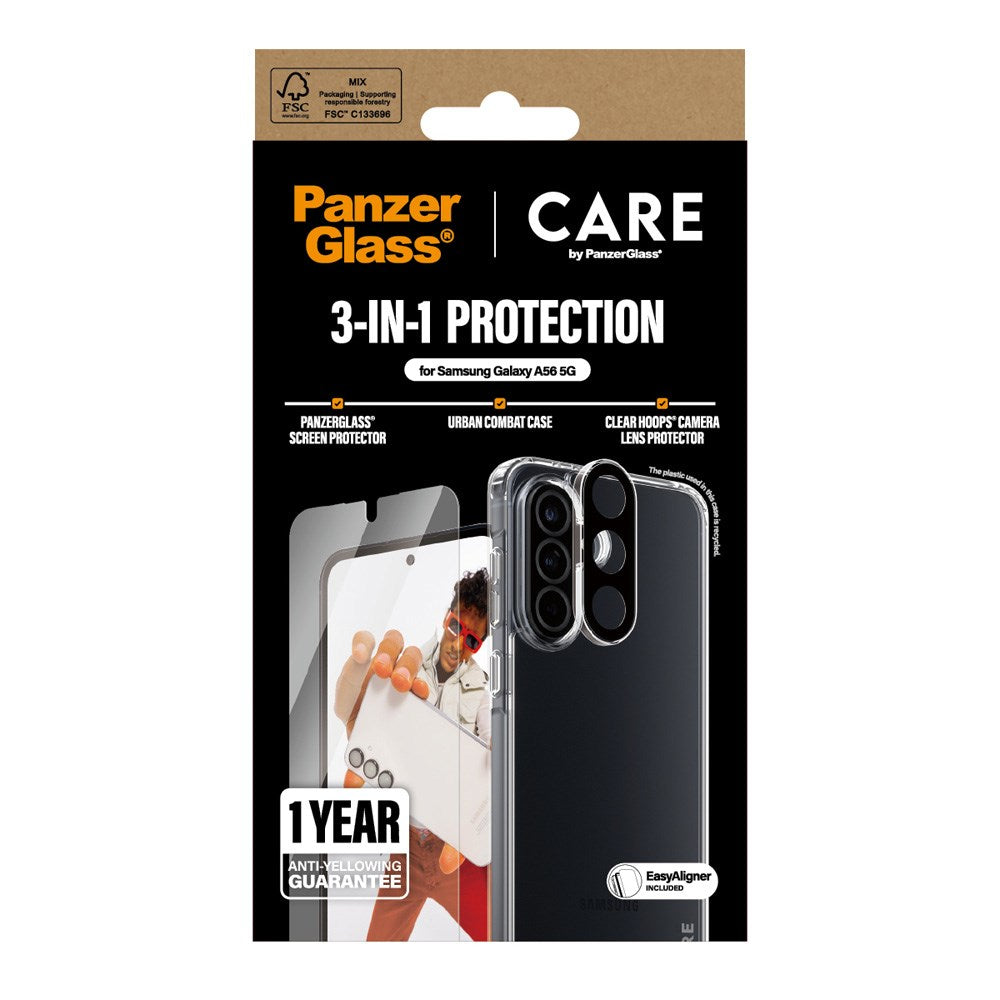 Samsung Galaxy A56 (5G) - CARE by PanzerGlass 3-i-1 FLAGSHIP Bundle - Cover / Skærmbeskyttelse (UWF) / Kamerabeskyttelse - Gennemsigtig