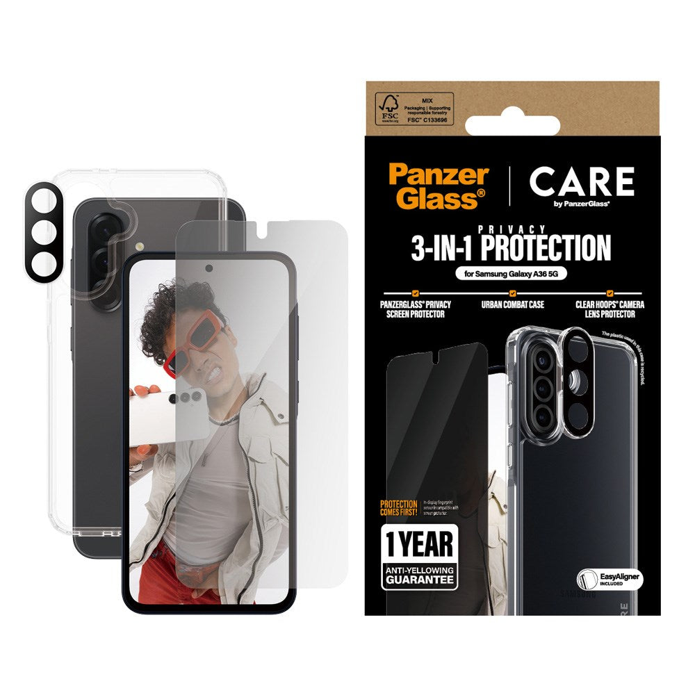 Samsung Galaxy A36 (5G) - CARE by PanzerGlass 3-i-1 FLAGSHIP Bundle - Deksel / Privacy Screen Protector (UWF) / Kamerabeskyttelse - Gjennomsiktig / Svart