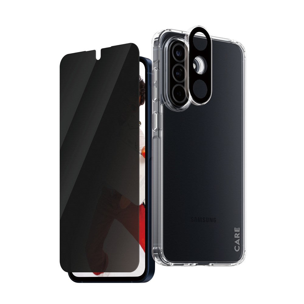 Samsung Galaxy A56 (5G) - CARE by PanzerGlass 3-i-1 FLAGSHIP Bundle - Cover / Privacy Skærmbeskyttelse (UWF) / Kamerabeskyttelse - Gennemsigtig / Sort