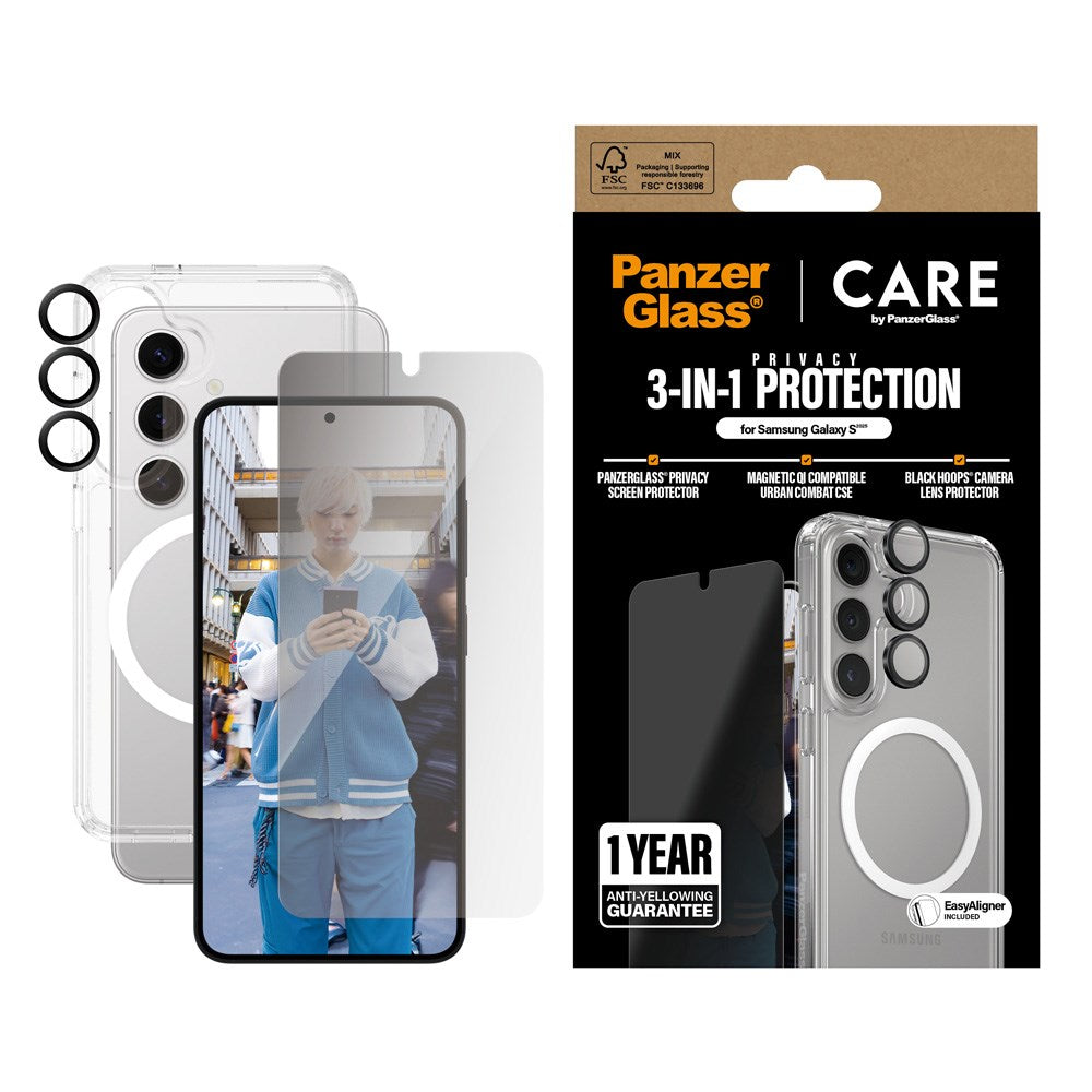 Samsung Galaxy S25 - CARE by PanzerGlass 3-i-1 FLAGSHIP Bundle - Deksel / Privacy Screen Protector (UWF) / Kamerabeskyttelse - Gjennomsiktig / Svart