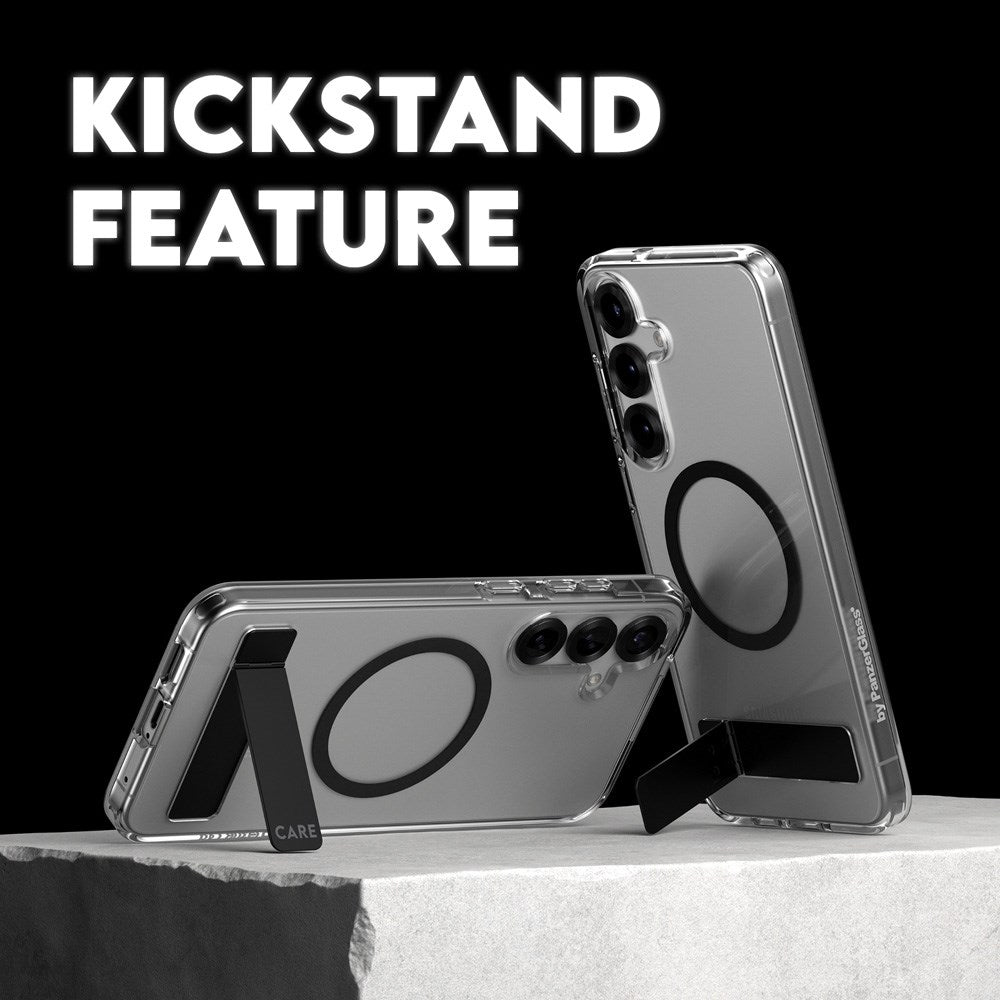 CARE by PanzerGlass Samsung Galaxy S25 Feature Kickstand Cover - Qi-kompatibel - Gjennomsiktig / Svart