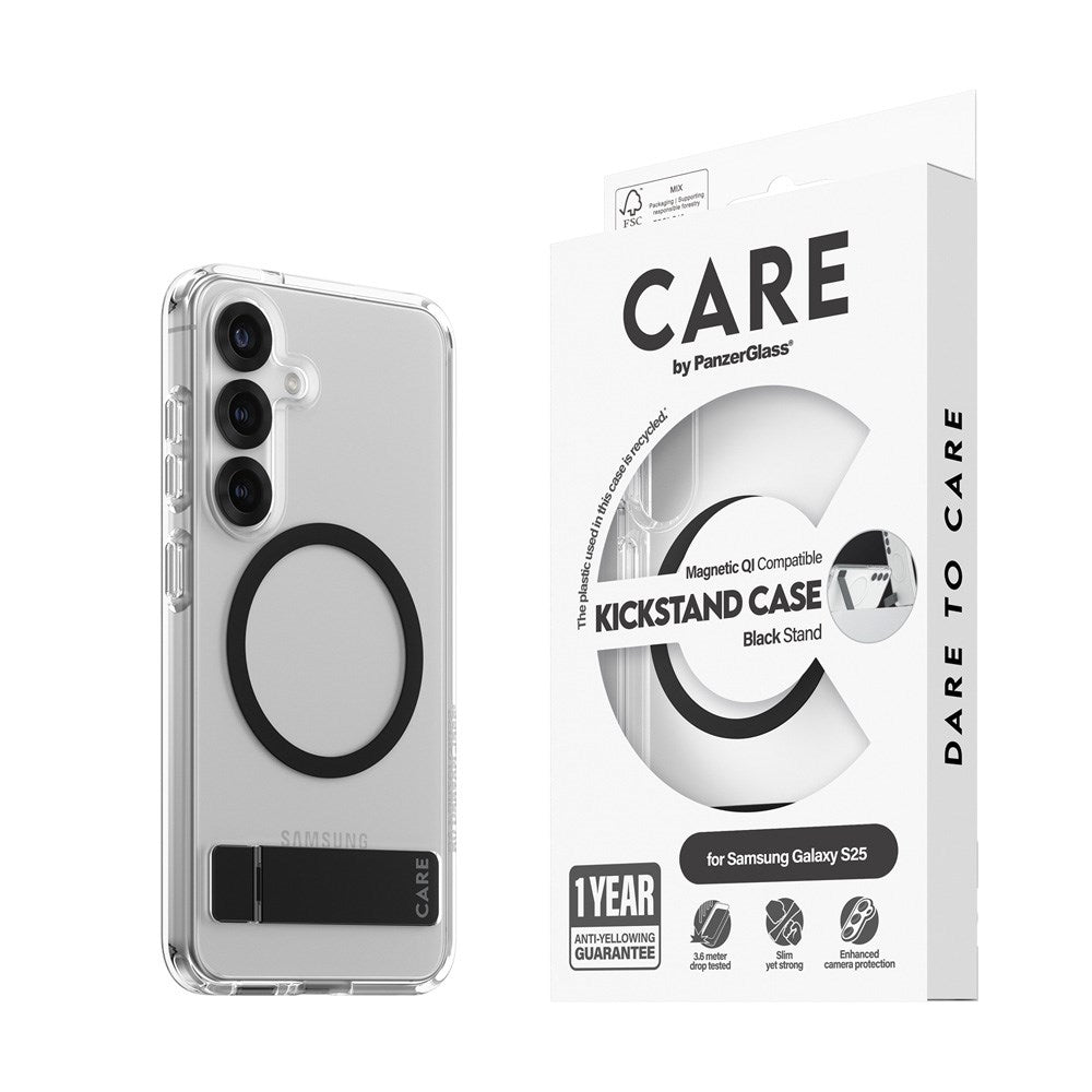 CARE by PanzerGlass Samsung Galaxy S25 Feature Kickstand Cover - Qi-kompatibel - Gjennomsiktig / Svart