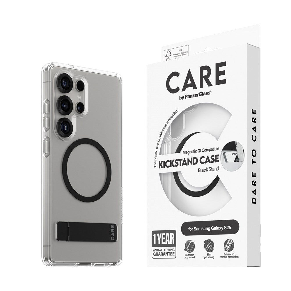 CARE by PanzerGlass Samsung Galaxy S25 Ultra Feature Kickstand Cover - Qi-kompatibel - Gjennomsiktig / Svart