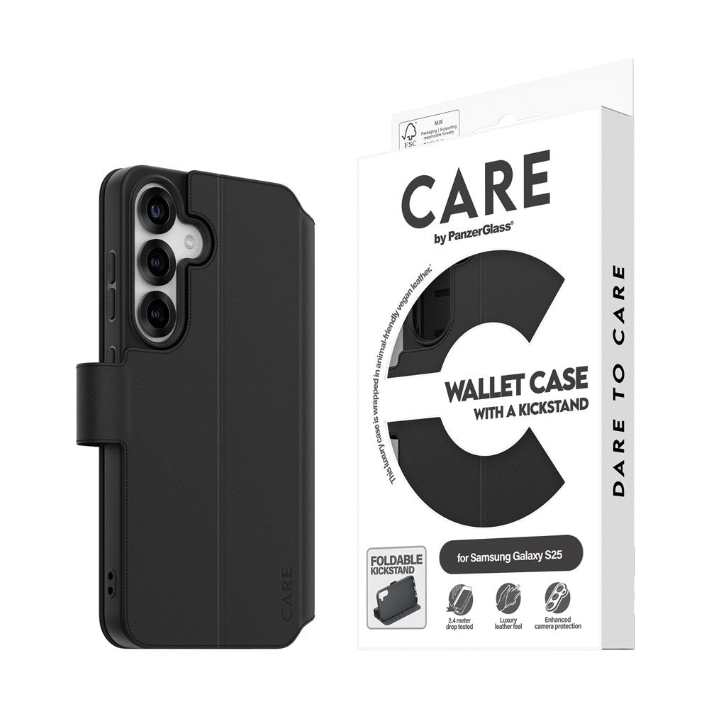 CARE by PanzerGlass Samsung Galaxy S25 Feature Wallet Case m. Stativ - Svart