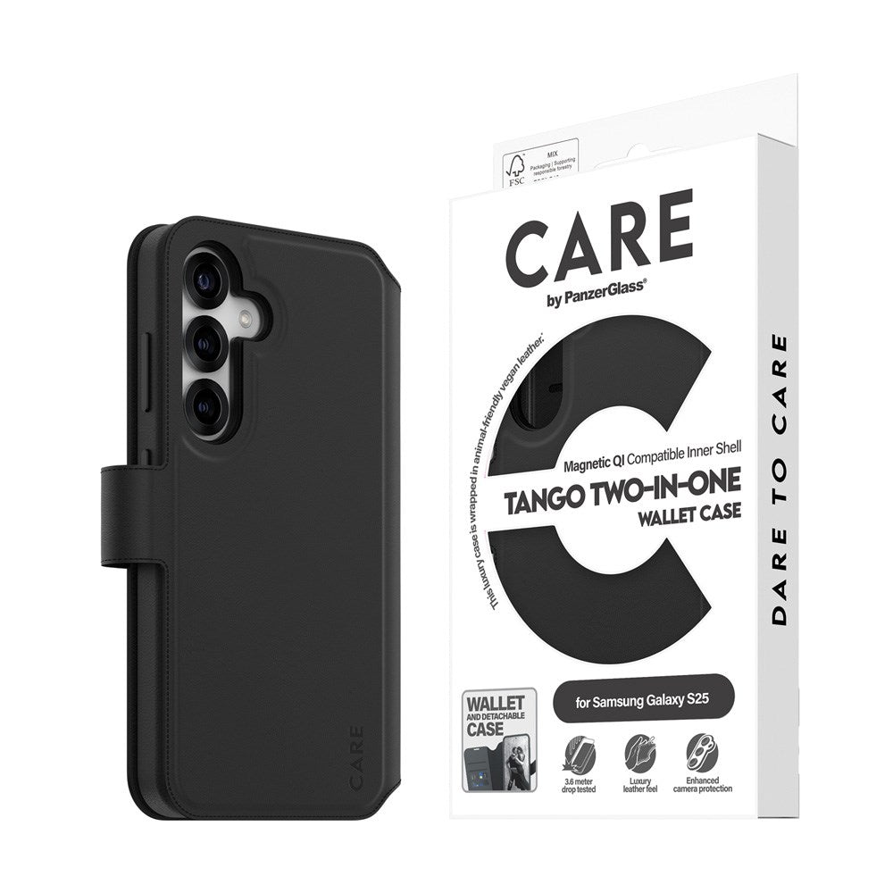 CARE by PanzerGlass Samsung Galaxy S25 Feature Tango 2-in-1 Flip Cover m. Pung - Qi Kompatibel - Sort