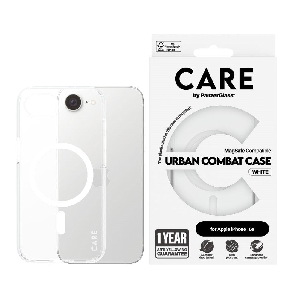 CARE by PanzerGlass iPhone 16e FLAGSHIP Urban Combat-deksel - MagSafe-kompatibel - Gjennomsiktig / Hvit