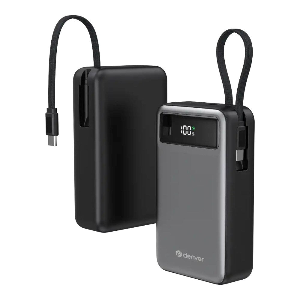 Denver PowerBank m. USB-A / USB-C / Indbygget USB-C Kabel - 65W / 20.000 mAh - Grå