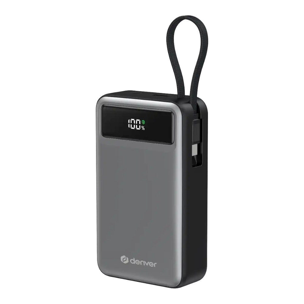Denver PowerBank m. USB-A / USB-C / Indbygget USB-C Kabel - 65W / 20.000 mAh - Grå
