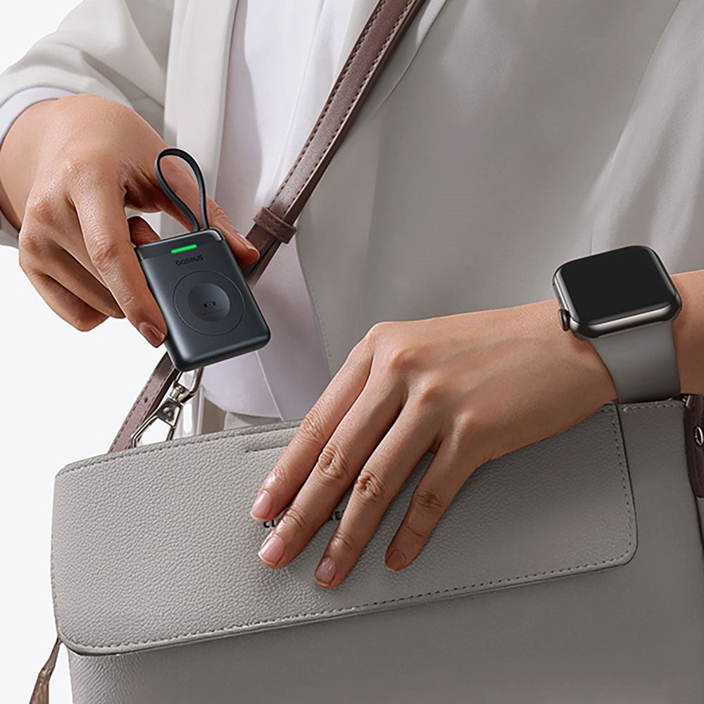 Baseus EnerFill Apple Watch Powerbank 5W - Trådløs Opladning - Indbygget USB-C Kabel - Hvid
