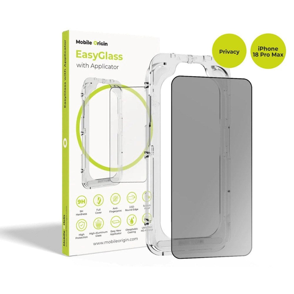 Mobile Origin iPhone 18 Pro Max EasyGlass Privacy Beskyttelsesglas m. Applicator - Gennemsigtig