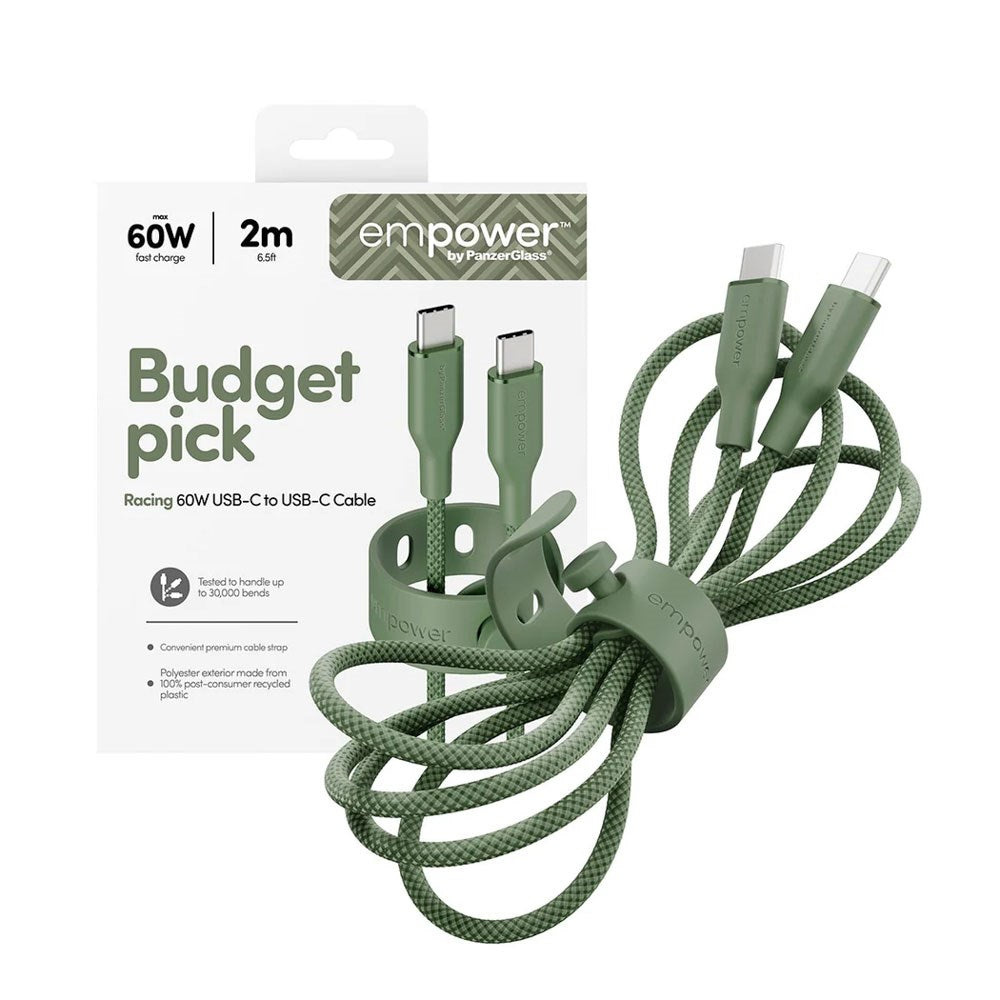 empower by PanzerGlass Racing 2m / 60W USB-C til USB-C Kabel - Sage