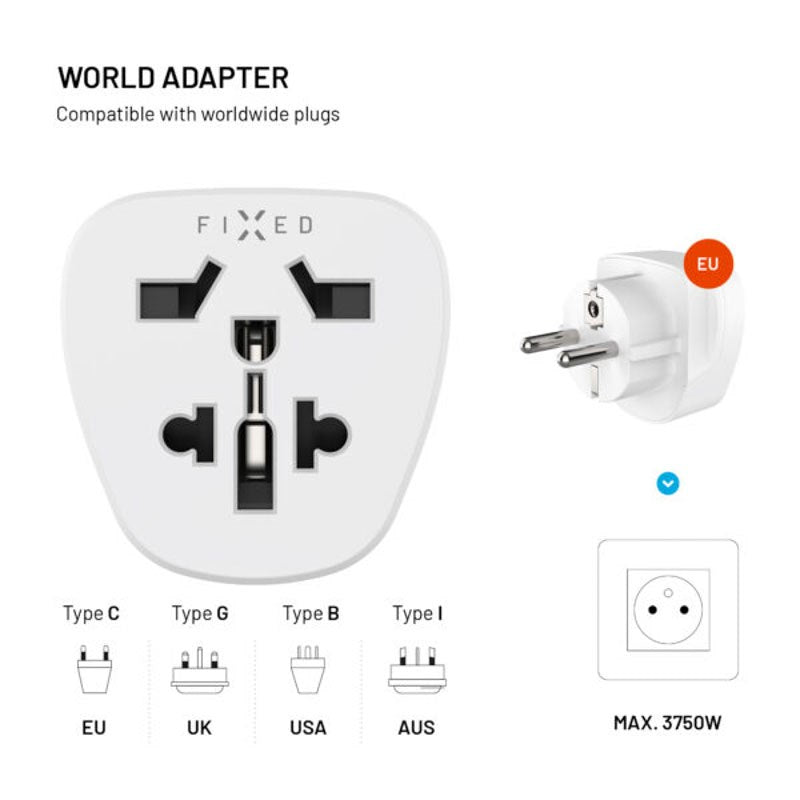 Fixed Rejseadapter - EU / UK / USA / AUS - Hvid