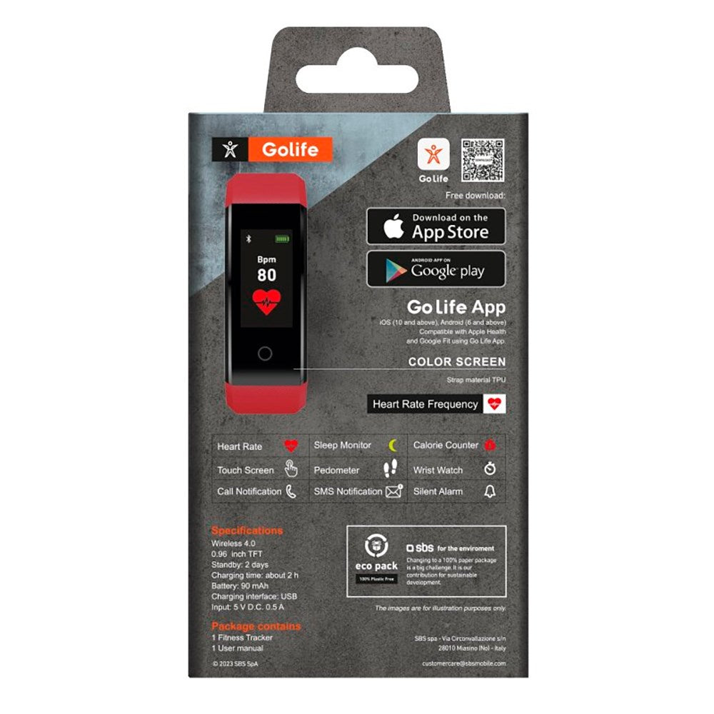 SBS Vital Fit Fitness Tracker m. Sleep Tracker &amp; Skritteller - IP67 - Rød