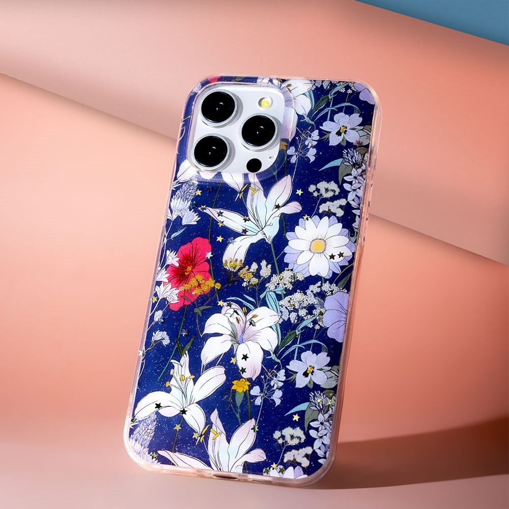 iPhone 17 Pro TFO Glow Glam Bagside Cover - Blå / Blomster