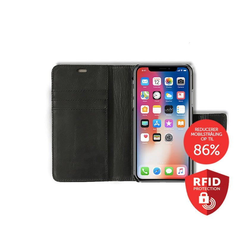 RadiCover Exclusive 2-in-1 iPhone Xs / X - Ægte Læder Flip Cover - 86% beskyttelse - Sort
