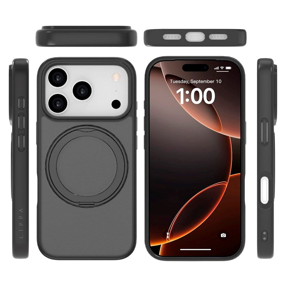 Lippa iPhone 17 Pro Hybrid Cover m. Roterende Kickstand - MagSafe Kompatibel - Mat / Sort