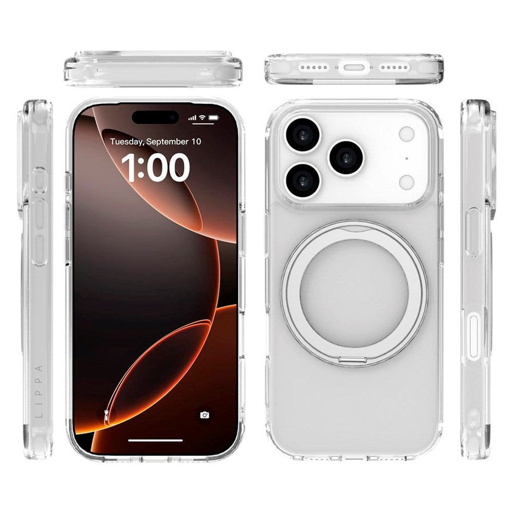 Lippa iPhone 17 Pro Hybrid Cover m. Roterende Kickstand - MagSafe Kompatibel - Gennemsigtig / Sølv