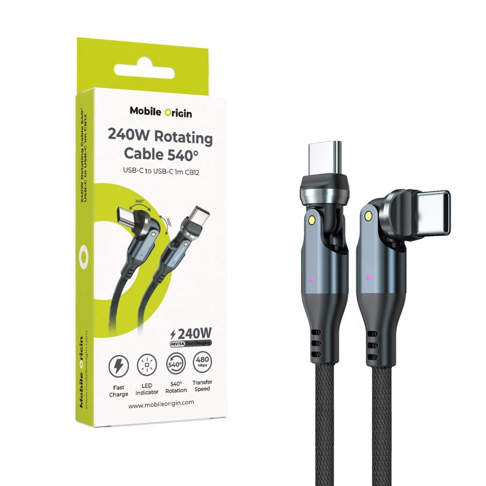 Mobile Origin USB-C til USB-C Kabel - 240W - 540° Roterbar- 1m - Grå