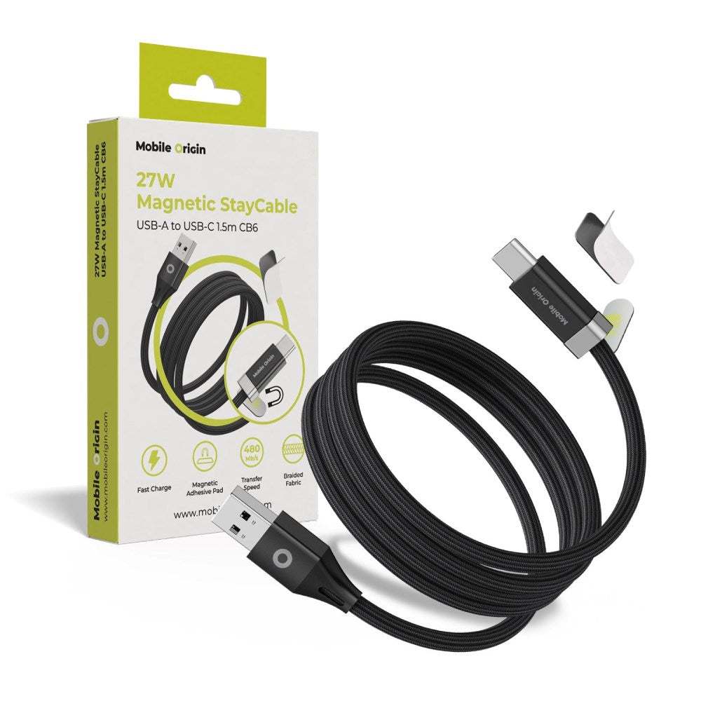 Mobile Origin Magnetisk USB-C til USB-A Kabel 27W m. 2x Selvklæbende Magnetiske Puder - 1,5m - Sort