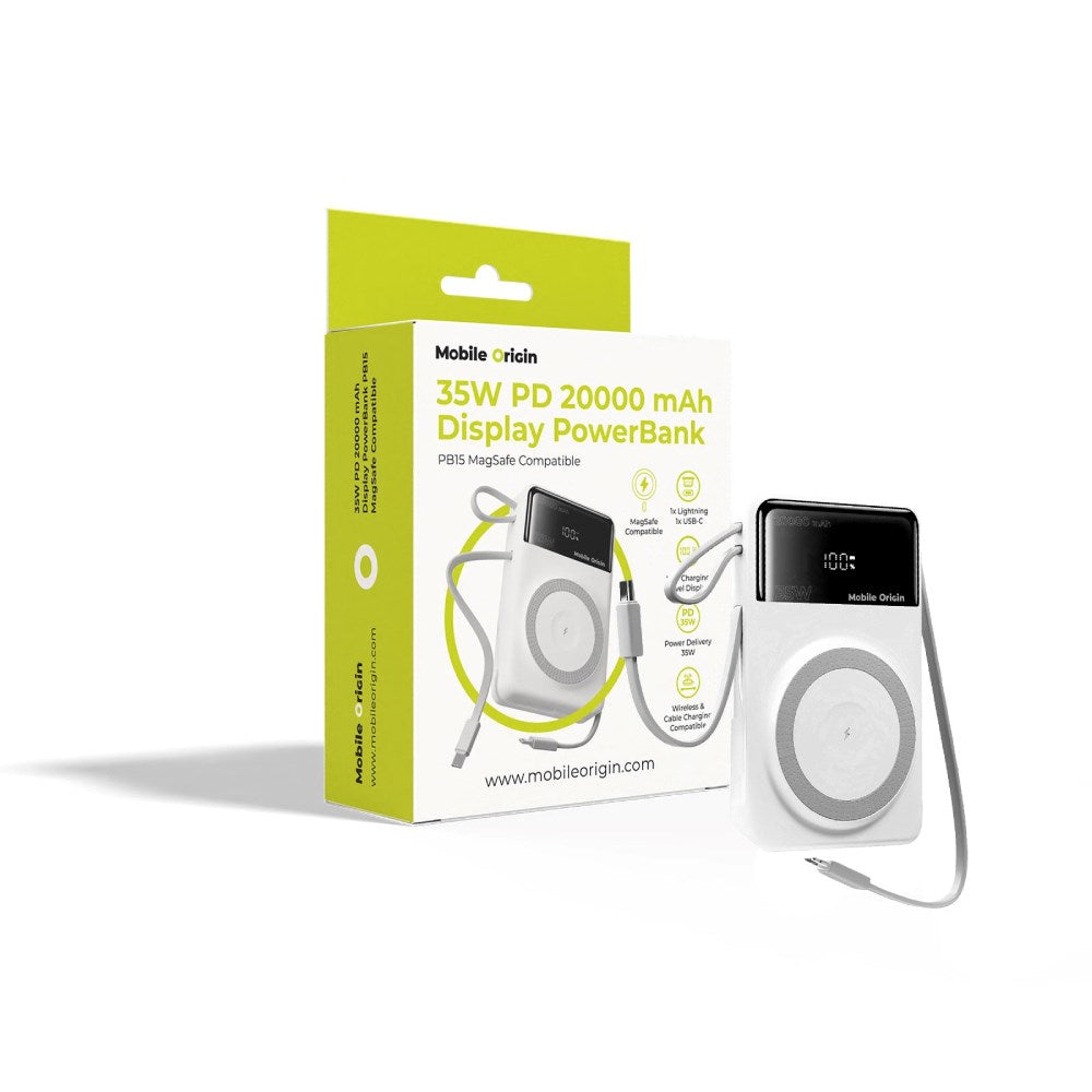 Mobile Origin PB15 PowerBank 35W PD 20000mAh m. Display - MagSafe Kompatibel - Hvid