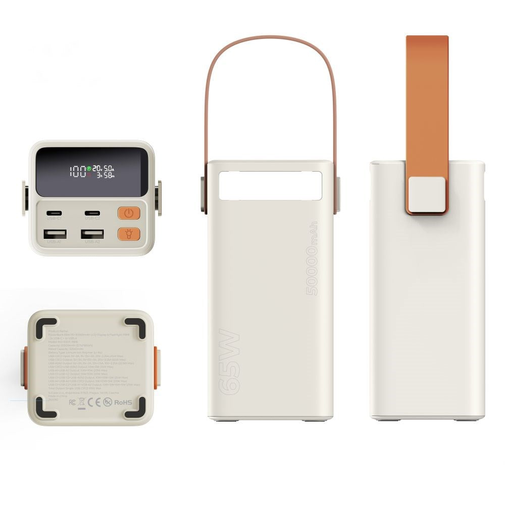 Mobile Origin Powerbank til Udendørsbrug - 50.000mAh - 65W - 2 x USB-C - 2 x USB-A - Lommelygte - Hvid
