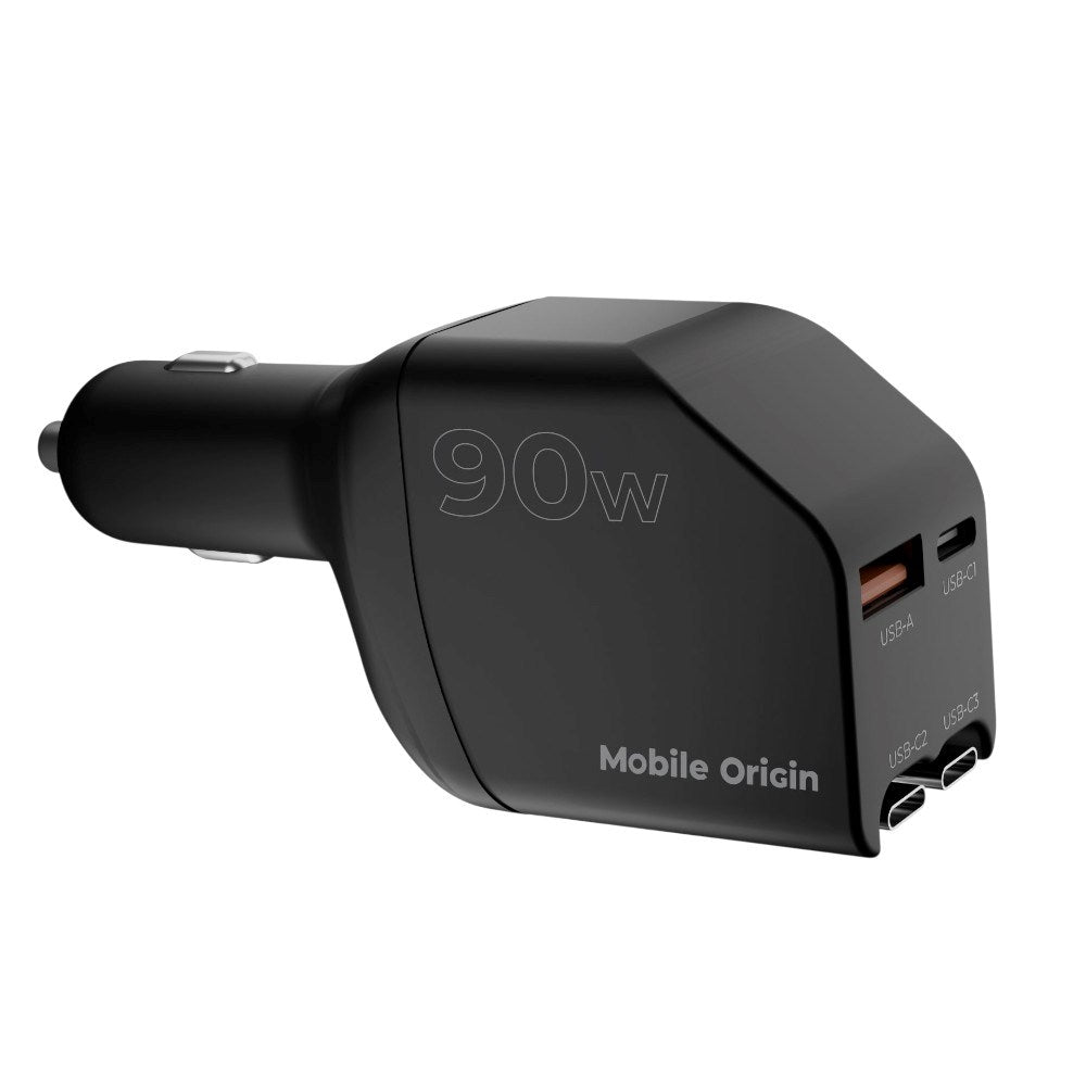Mobile Origin 4-i-1 Biloplader 90W med USB-C + USB-A og 2x Indbygget USB-C Kabel - Sort