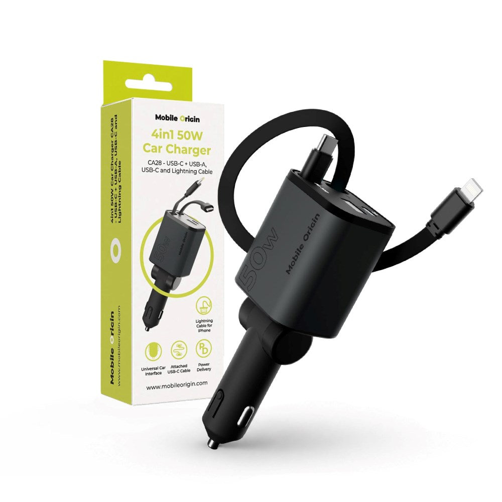 Mobile Origin 4-i-1 Biloplader 50W m. USB-C + USB-A Port og Udtrækkeligt USB-C and Lightning Kabel - Grå