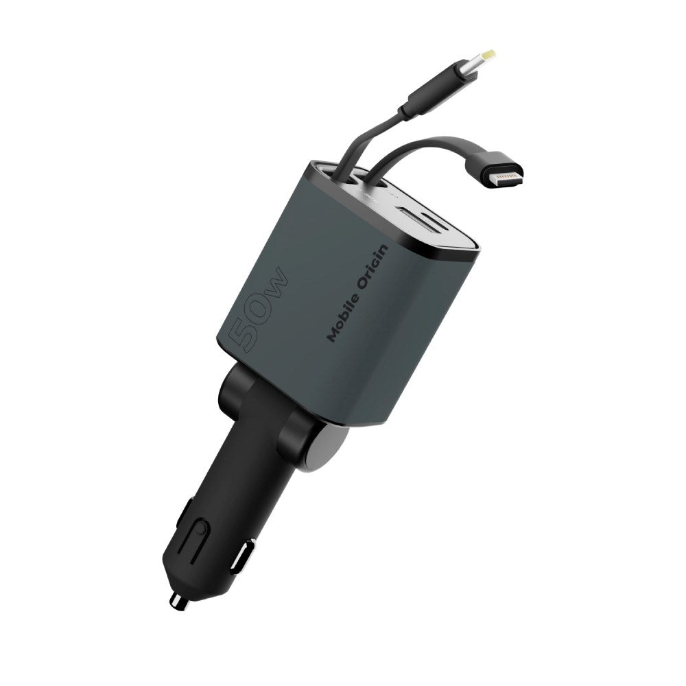 Mobile Origin 4-i-1 Biloplader 50W m. USB-C + USB-A Port og Udtrækkeligt USB-C and Lightning Kabel - Grå