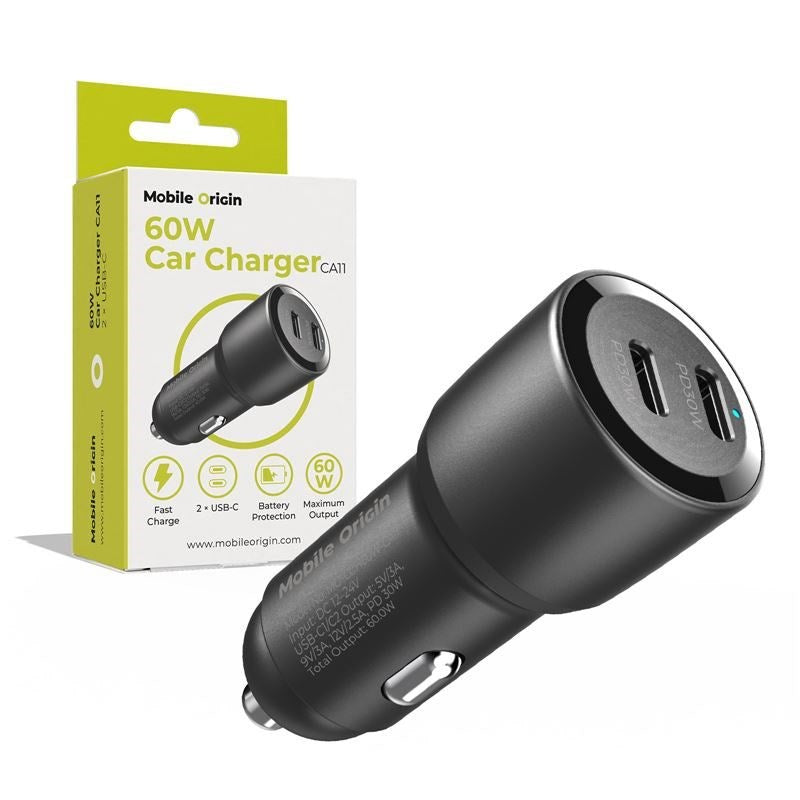 Mobile Origin CA11 Biloplader 60W  med 2x USB-C - Sort