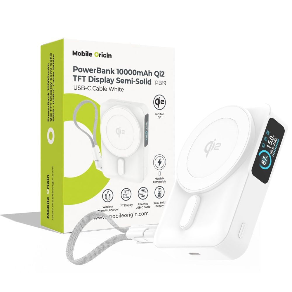 Mobile Origin Powerbank - 10.000mAh - Trådløs Opladning - Indbygget USB-C Kabel - MagSafe / Qi2 Kompatibel - Hvid