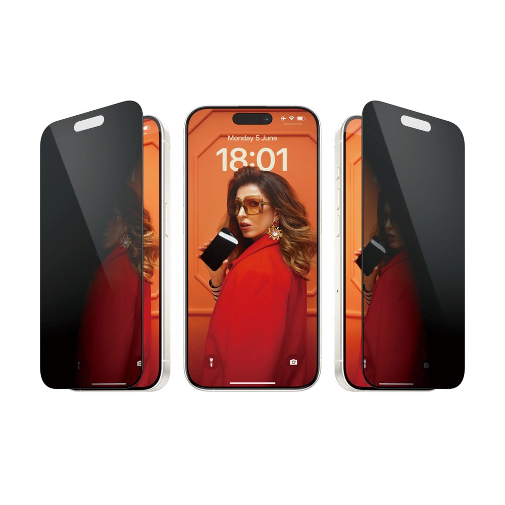 iPhone 15 Pro PanzerGlass Ultra Wide Fit Beskyttende glass m. EasyAligner - Personvern - Diamantstyrke - Gjennomsiktig / svart kant