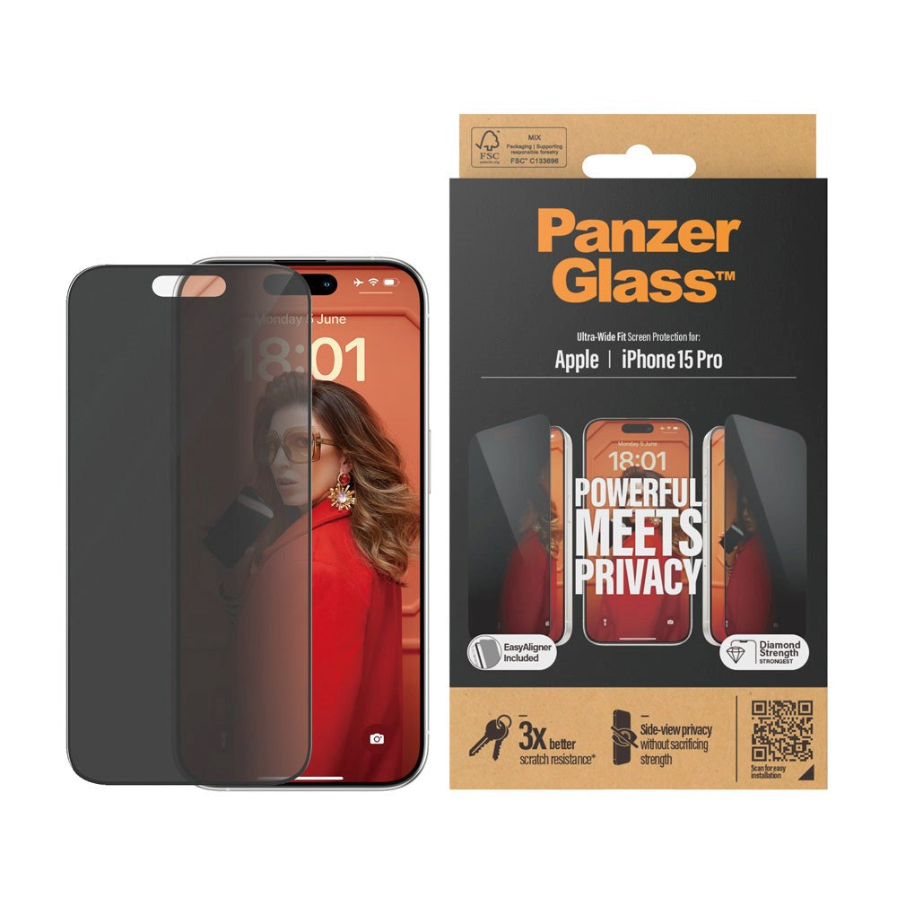 iPhone 15 Pro PanzerGlass Ultra Wide Fit Beskyttende glass m. EasyAligner - Personvern - Diamantstyrke - Gjennomsiktig / svart kant