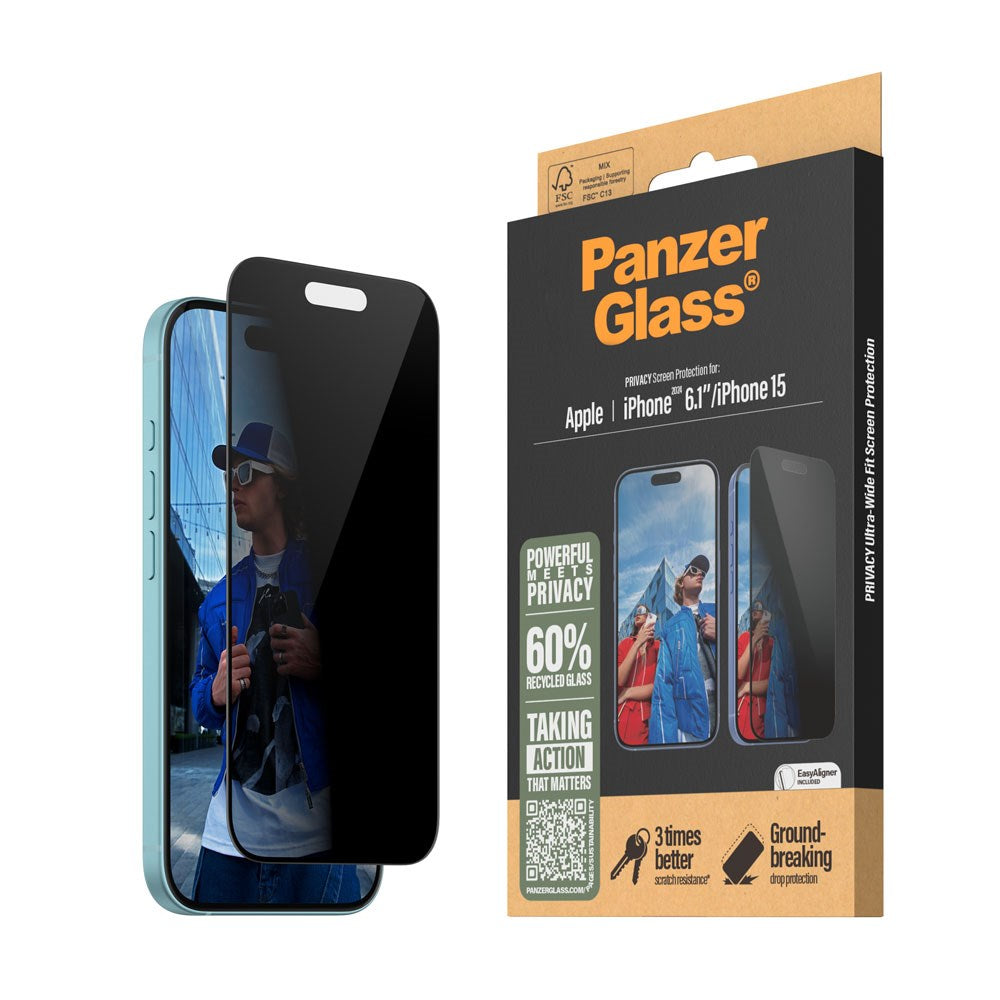 iPhone 15 / 16 PanzerGlass Ultra Wide Fit Beskyttelsesglas m. EasyAligner - Privacy - Diamond Strength - Gennemsigtig / Sort Kant