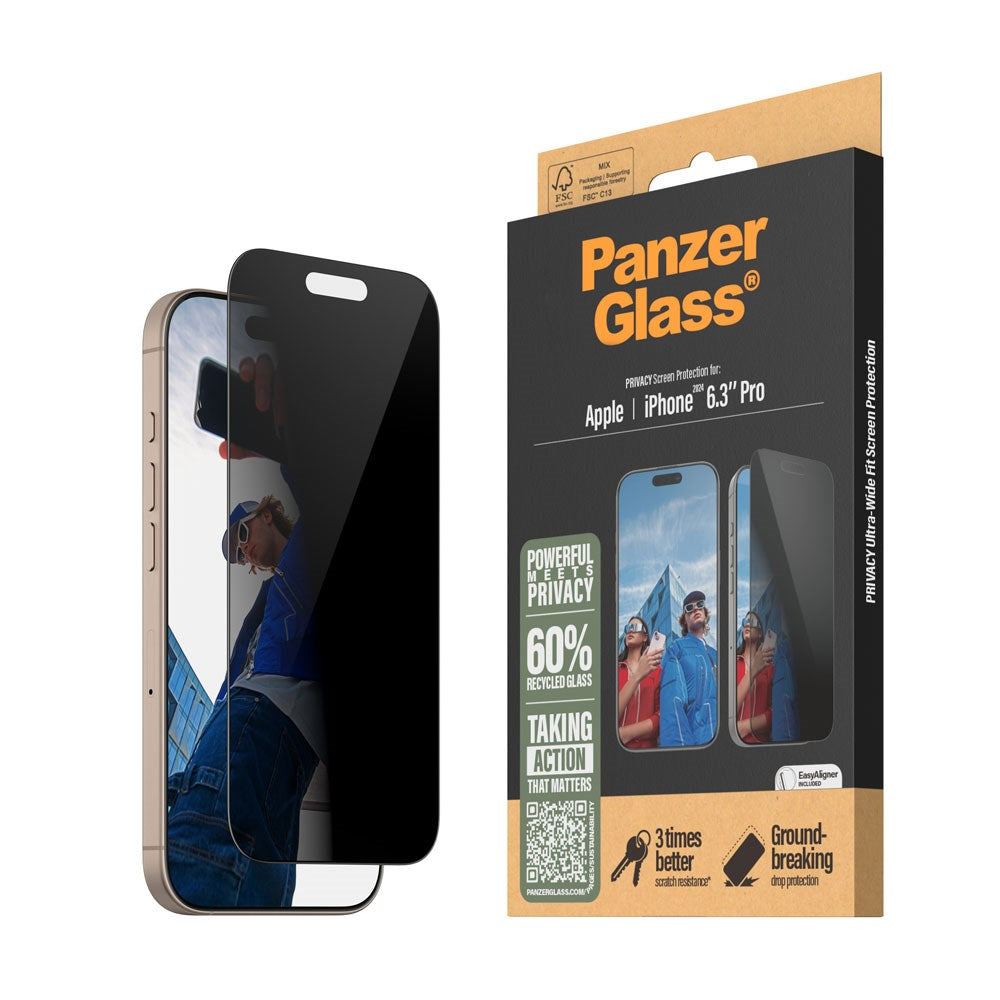 iPhone 16 Pro PanzerGlass Ultra Wide Fit Beskyttende glass m. EasyAligner - Personvern - Diamantstyrke - Gjennomsiktig / svart kant