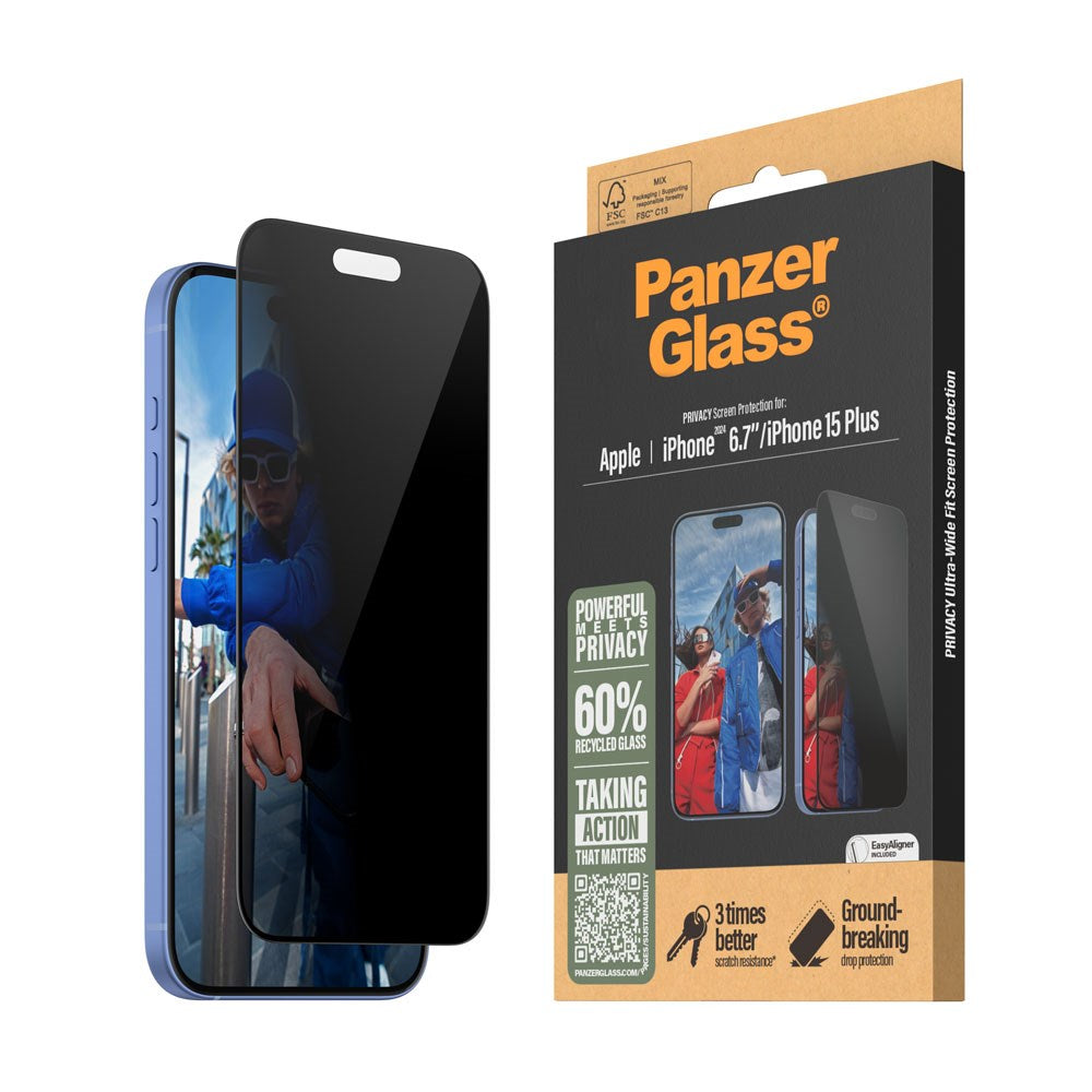 iPhone 15 Plus / 16 Plus PanzerGlass Ultra Wide Fit Beskyttelsesglas m. EasyAligner - Privacy - Diamond Strength - Gennemsigtig / Sort Kant