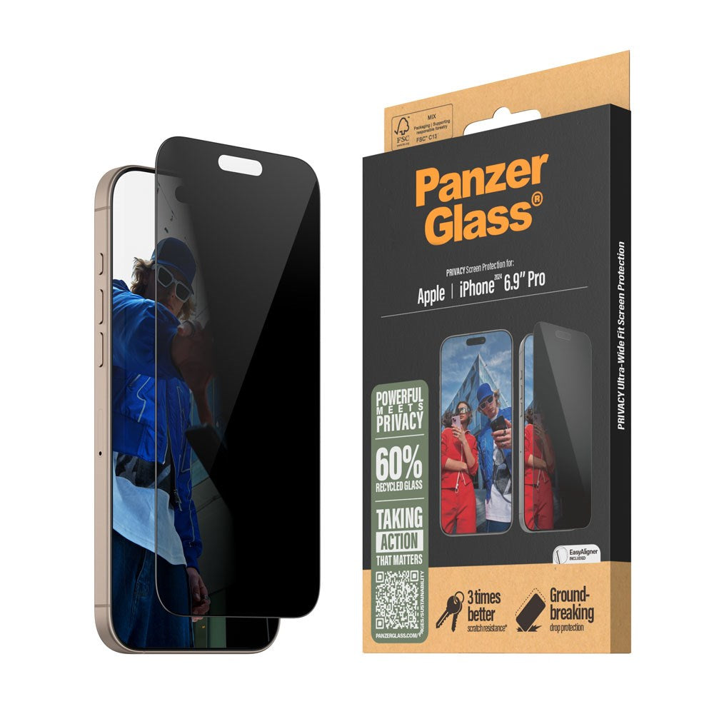 iPhone 16 Pro Max PanzerGlass Ultra Wide Fit Beskyttende glass m. EasyAligner - Personvern - Diamantstyrke - Gjennomsiktig / svart kant