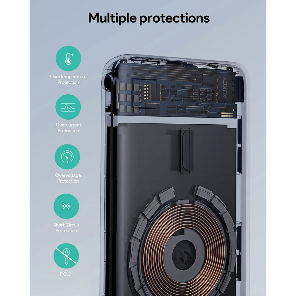 Aukey MagFusion Powerbank - 6.700mAh - Trådløs Opladning - Ståfunktion - MagSafe / Qi2 Kompatibel - Sort